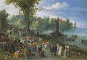 Jan Brueghel People dancing on a river bank painting
